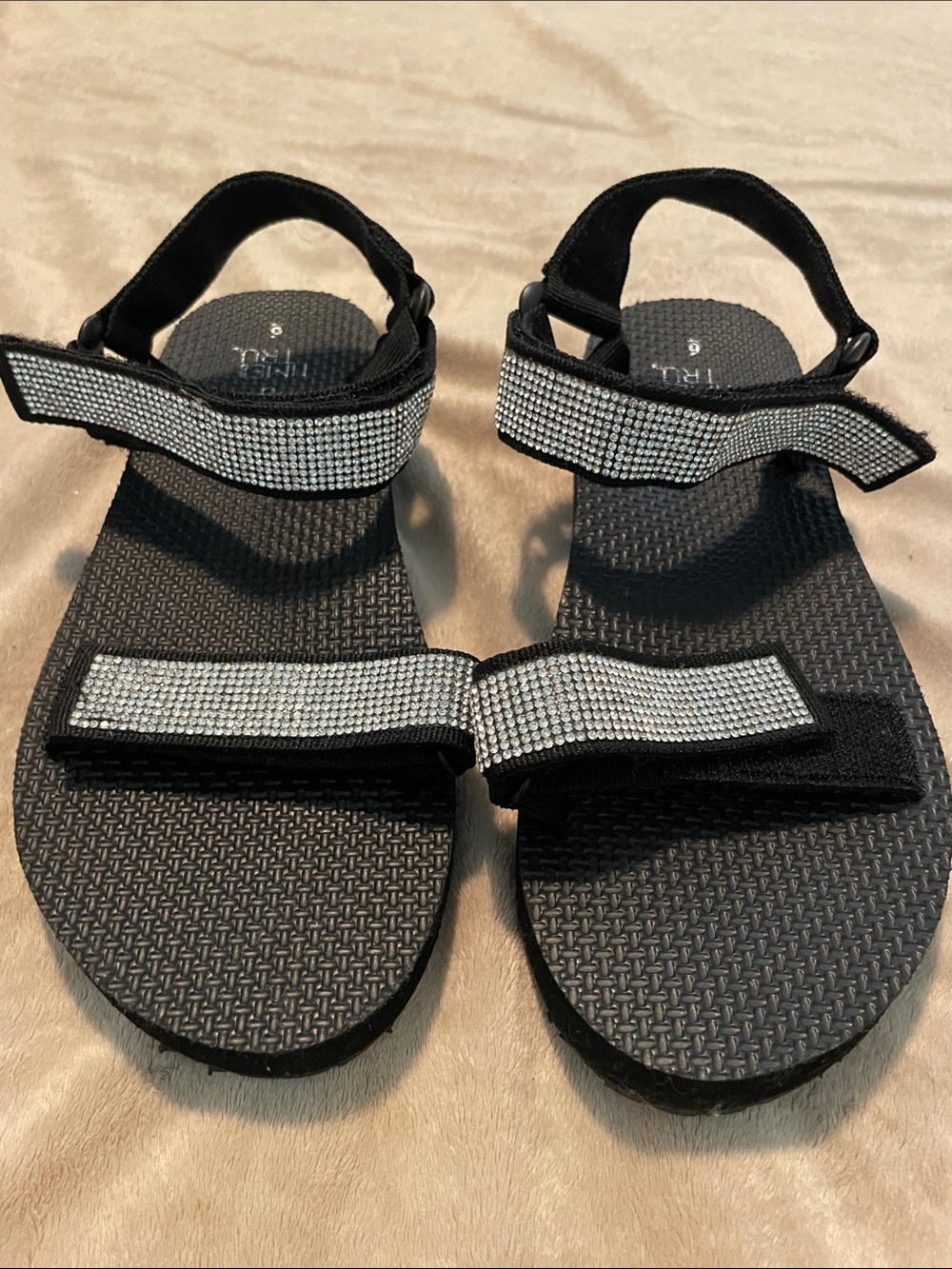 Time and Tru Black Sandals with Silver Rhinestone Straps